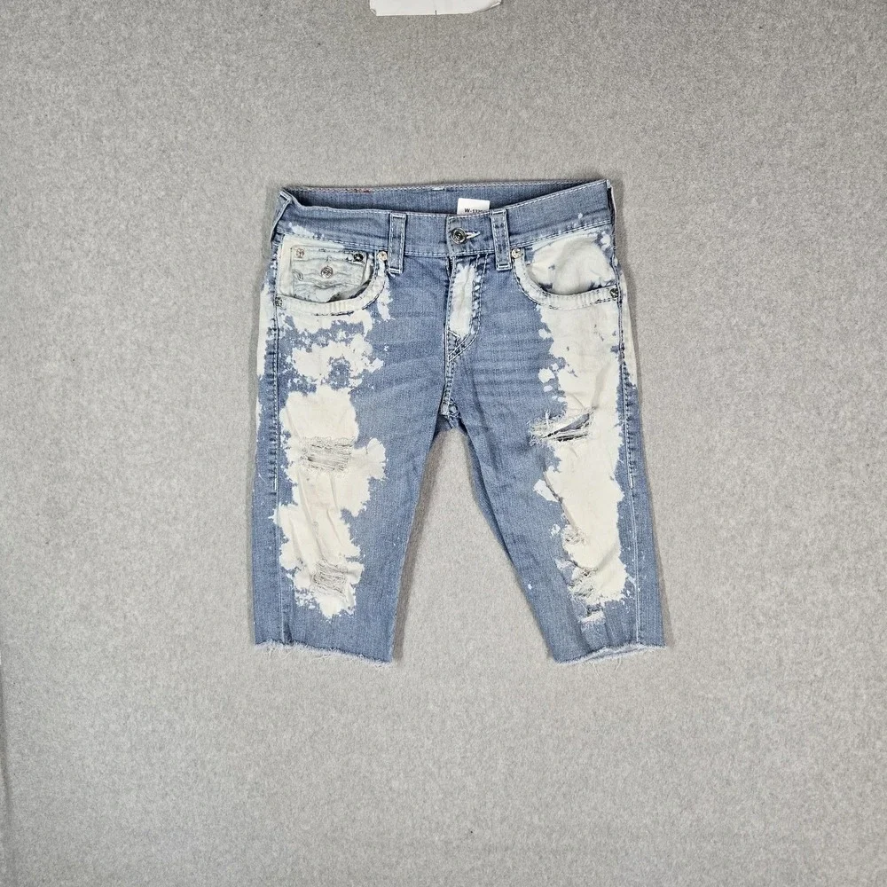 True Religion Men Jeans 29 Blue Denim Bleached Distressed Straight Cutoff
